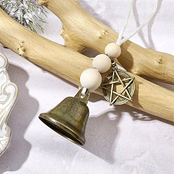 Звезда Железный колокольчик подвесные украшения, Подвеска из круглой бусины из дерева и макраме из хлопкового шнура и сплава для украшения стены дома, двери, звезда, 195~200 мм, подвеска: 30x27x25 мм.