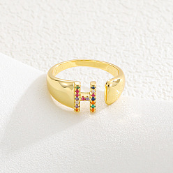 Letter H Браслет-манжета из латуни с микропаве и цветными кубическими циркониями, открытые кольца., буквы, золотые, Письмо ч, 15~20 мм