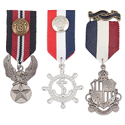 Mixed Color 3Pcs 3 Style Alloy Pendant Lapel Pin, Men's Polyester Brooch, Antique Bronze & Platinum, Medal & Eagle & Helm with Anchor, Mixed Color, 83~95x29~36x7.5~12.5mm, 1pc/style