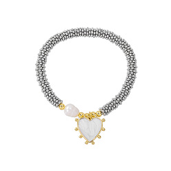 Белый Браслеты с подвесками в виде сердечек из латуни с эмалью, Натуральные бусины из пресноводного жемчуга, эластичные украшения для женщин., платиной и золотом, белые, 6.30 дюйм (16 см)