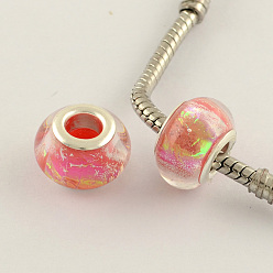 Оранжево-Красный Бусины из смолы в европейском стиле с большими отверстиями, с двойной серебряный духовых ядер, оранжево-красный, 13.5x9 мм, отверстие : 4.5 мм