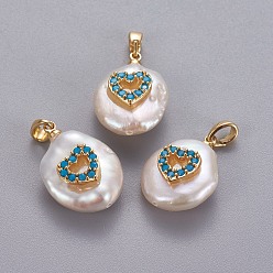 Темно-Голубой Подвески из натурального пресноводного жемчуга, с латунными микро проложить кубических выводы циркония, самородки с сердцем, долговечный, золотые, глубокое синее небо, 17~27x12~16x6~12 мм, отверстие : 4x2.5 мм