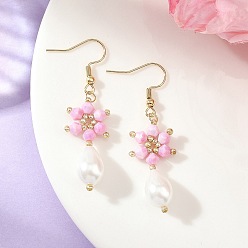 Rose Nacré Boucles d'oreilles pendantes en perles de verre biconiques en forme de larme, plaquées or et traitées anti-ternissement, flocon de neige, 304 boucles d'oreilles pendantes en acier inoxydable pour femmes, perle rose, 55x15mm