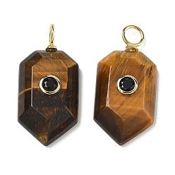 Ojo de Tigre Colgantes de ojo de tigre naturales, con micro latón allanan circonio cúbico, encanto hexagonal, facetados, chapado en rack, larga duración plateado, sin plomo y el cadmio, real 18 k chapado en oro, 32x15x6.5 mm, agujero: 4 mm
