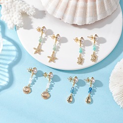 (52) Непрозрачная лаванда Латунные серьги-гвоздики с плоскими круглыми подвесками из смешанных камней, Тема океана, золотые, разноцветные, 33.5~41x10~13.5 мм, 4 пар / набор