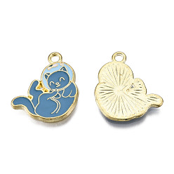 Stahlblau Emaille Anhänger Legierung, cadmiumfrei und bleifrei, Licht Gold, Katze, Stahlblau, 20x17x1.5 mm, Bohrung: 1.8 mm