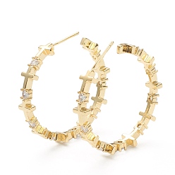 Real 18K Gold Plated Cross Brass Micro Pave Clear Cubic Zirconia Stud Earrings, Half Hoop Earrings, Long-Lasting Plated, Real 18K Gold Plated, 5.5x36mm, Pin: 0.8mm