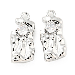 Real Platinum Plated Brass Pendants, with Clear Glass, Irregular Rectangle Charms, Real Platinum Plated, 16x7x4mm, Hole: 1.4mm