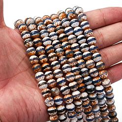 Королевский синий Тибетский стиль бусины дзи нити, природных бисера агат, окрашенная и подогревом, граненый круг с полосатым узором, королевский синий, 8~8.5 мм, отверстие : 1 мм, около 47~50 шт / нитка, 14.29'' (36.3 см) ~ 14.57'' (37 см)