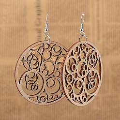 BurlyWood Simple Design Filigree Flat Round Wood Dangle Earrings, with Platinum Plated Iron Earring Hooks, BurlyWood, 68mm, Pin: 0.8mm
