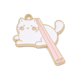 Розовый Кулон эмали сплава, золотые, кошка с палочками для еды очарование, туманная роза, 37x30.5x1.5 мм, отверстие : 2.4 мм
