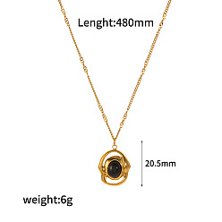 Обсидиан Овальный кулон из натурального обсидиана 304 цепочки из нержавеющей стали для женщин, реальный 18 k позолоченный, 18.90 дюйм (48 см), Кулон : длиной 20.5 мм 