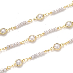 Golden Handmade Brass Chains, with Acrylic Imitation Pearl and Spool, Long-Lasting Plated, Soldered, Golden, Links: 12.5x6.7x4mm and 20.6x3mm