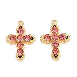 Rose Indien Pendentifs en acier inoxydable, avec strass, charmes croisées, placage ionique (ip), réel 304 k plaqué or, rose indien, 18mm, Trou: 21x15x4.5mm