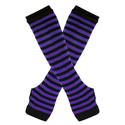 Indigo Acrylic Fiber Yarn Knitting Fingerless Gloves, Stripe Pattern Winter Warm Gloves with Thumb Hole, Indigo, 310x80mm