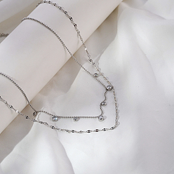 Серебро Легкие роскошные ожерелья из нержавеющей стали с прозрачными кубическими цирконами, плоскими круглыми кисточками, двухслойные, для женщин, для повседневной носки, серебряные, 16.54 дюйм (42 см)