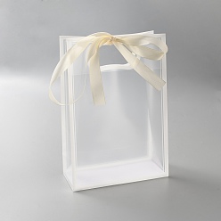 White Rectangle Plastic Packaging Gift Bags with Hole Handle and Silk Ribbon, Rectangle, White, 26.1x18.1x0.1~0.2cm