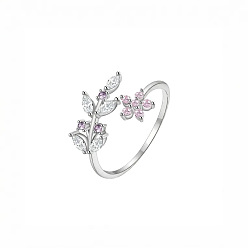 Platinum Brass Micro Pave Colorful Cubic Zirconia Cuff Rings, Leaf & Flower Open Rings for Women, Platinum, 15~20mm