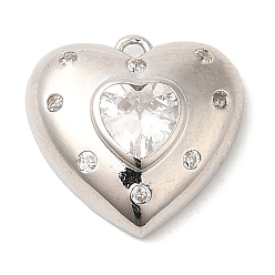 Platinum Brass with Cubic Zirconia Pendants, for Women, Lead Free & Cadmium Free, Long-Lasting Plated, Heart, Platinum, 14x14x5mm, Hole: 0.9mm