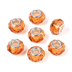 Коралловый Прозрачный полимер европейские шарики, имитационные кристаллические, бусины с большим отверстием, с двойных ядер серебрянного цвета, граненые, рондель, коралл, 14x9.5 мм, отверстие : 5 мм