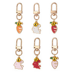 Mixed Color 6Pcs 6 Styles Alloy Enamel Pendant Swivel Keychain, Rabbit & Carrot, Light Gold, Mixed Color, 5.7~5.8cm, Pendant: 23~24.5x16.5~18.5x1mm, 1pc/style