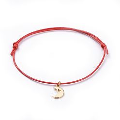 Red Cord Bracelets, Red String Bracelets, with Eco-Friendly Korean Waxed Polyester Cord and Brass Charms, Moon, Golden, Red, 2-1/2 inch~3-3/8 inch(6.5~8.6cm)