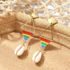 Red Seed Glass Woven Dangle Earrings for Women, Rhombus, with Natural Cowrie Shell, 304 Stainless Steel Stud Earrings, Real 18K Gold Plated, Red, 63.5x18.5mm