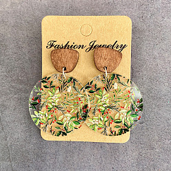 Лист Серьги-гвоздики из прозрачного акрила и дерева, плоско-круглые, платина, лист, 50 мм