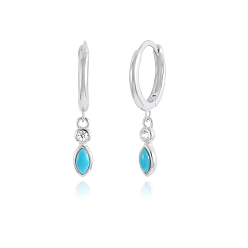 Silver S925 Sterling Silver Teardrop Hoop Earrings, with Turquoise Cubic Zirconia, Silver, 20x3x10mm