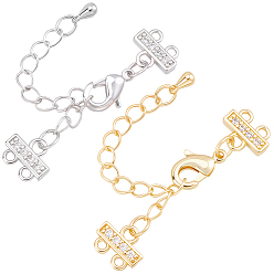 Platinum & Golden 4Pcs 2 Colors Brass Micro Pave Clear Cubic Zirconia Ends with Chains, with Lobster Claw Clasps & Twisted Chain Extension, Platinum & Golden, 30x10mm, 2pcs/color 