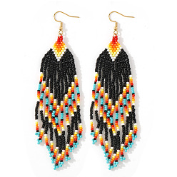 Черный Богемный стеклянный бисер ручной работы серьги-подвески в форме стрелы и кисточки, золотые, чёрные, 120x23 мм