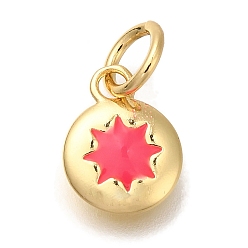 Темно-Розовый Стойки обшивки латунные прелести, с эмалью и кольцом для прыжков, без кадмия и без свинца, долговечный, реальный 18 k позолоченный, плоский круглый с солнечным шармом, темно-розовыми, 9.5x7x1.5 мм, отверстие : 3 мм