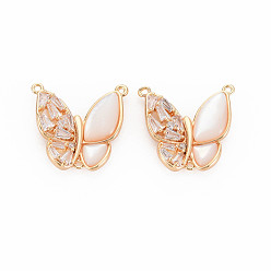 Real 18K Gold Plated Brass Clear Cubic Zirconia Connector Charms, with Shell, Nickel Free, Butterfly, Real 18K Gold Plated, 17x18x4mm, Hole: 0.9mm