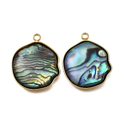 Плоский Круглый 304 подвески из натуральной ракушки пауа из нержавеющей стали, ионное покрытие (ip), реальный 18 k позолоченный, плоско-круглые, 21x18x4 мм, отверстие : 1.6 мм