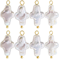 Golden 10Pcs Natural Keshi Pearl Pendants, with Brass Ball Head Pins, Cross Charms, Floral White, Golden, 19x8~8.5x3.5mm, Hole: 2~2.3mm