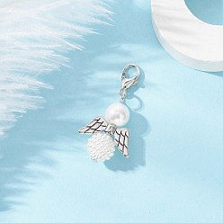 Античный Серебристый & Платиновый 50шт. акриловые искусственные жемчужины и стеклянные жемчужины подвесные украшения в виде ангела, с крыльями из сплава и застежками-клешнями, белые, старинное серебро и платина, 37 мм, Кулон : 27x19x10 мм