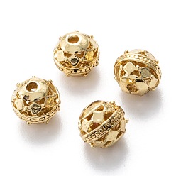 Настоящее золото 18K Сплава полые шарики, круглый с ромбом, без кадмия и без свинца, реальный 18 k позолоченный, 8x7~8 мм, отверстие : 1.5~2 мм