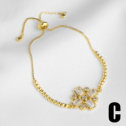 Cross Adjustable Brass Pave Clear Cubic Zirconia Link Slider Bracelets for Women, Golden, Cross, 9.45 inch(24cm)