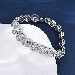 Платина Браслеты-цепочки из латуни с микропаве и прозрачным кубическим цирконием, плоские круглые звенья для женщин, без свинца и без кадмия, стойки покрытие, платина, 7-1/8 дюйм (18 см)