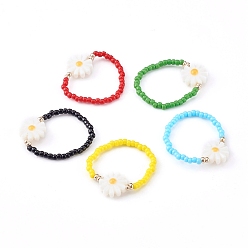 Mixed Color TOHO Japanese Seed Beads Stretch Rings, with Natural Shell Beads, Flower, Mixed Color, US Size 12 3/4(22mm)