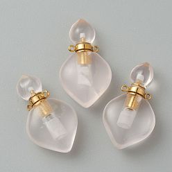 Розовый Кварц Природного розового кварца подвески, с фурнитурой позолоченной латунной, открываемый флакон духов, 37x21x11 мм, отверстие : 1.5 мм