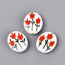 Red Hand Painted Tulip Flower Oval Porcelain Beads, Floral Ceramic Beads, Red, 18~21x15~17x5~6mm, Hole: 1.8~2mm