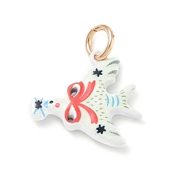 Red Brass with Enamel Pendants, Dove with Bowknot Charms, Golden, Red, 17x17x3.5mm, Hole: 4mm