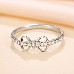 Bowknot 201 Stainless Steel Rhinestone Finger Rings, Stainless Steel Color, Bowknot, US Size 7(17.3mm)