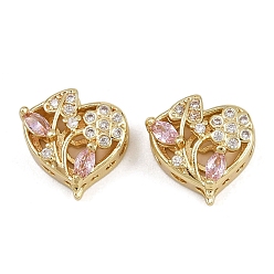 Pink Многожильные звенья из латуни с паве из кубического циркония, долговечный, цветочное сердце, золотые, розовые, 11x11.5x6 мм, отверстие : 2 мм