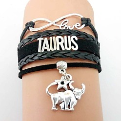 Телец 12 браслеты из искусственной кожи с несколькими рядами созвездий, браслеты с подвесками из сплава для мужчин и женщин, Телец, периметр: 7-1/8 дюйм(18см)