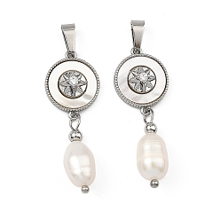 Platinum Natural Cultured Freshwater Pearl Rice Tassel Pendants, Brass Micro Pave Clear Cubic Zirconia and Natural Shell Flat Round Charms, White, Platinum, 38x12.5x7.5mm, Hole: 6x2.5mm