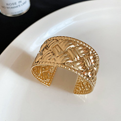 Golden Iron Textured Woven Wide Open Cuff Bangles for Women, Golden, Inner Diameter: 2.36 inch(6cm)