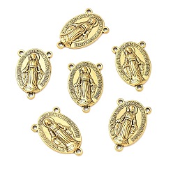 Antique Golden Holy Oval Carved Virgin Mary Tibetan Style Alloy Chandelier Component Links, 3 Loop Connectors, Rosary Center Pieces, Antique Golden, Lead Free & Cadmium Free, 23x14.5x3mm, Hole: 1mm, about 470pcs/kg