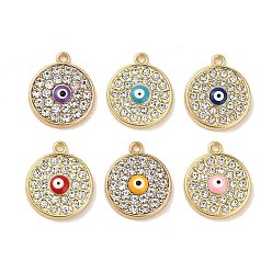 Couleur Mélangete Plaqué or pendentifs en alliage d'émail, avec strass, plaqué longue durée, plat rond avec breloque mauvais œil, couleur mixte, 18x15x3mm, Trou: 1.5mm